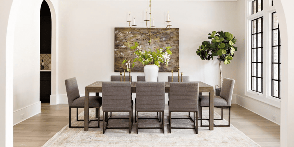 Modern Dining Room in Custom Home in Georgia with Arches Entry ways and Large Windows