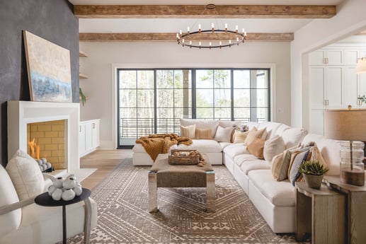 atlanta custom home modern living room with ceiling beams