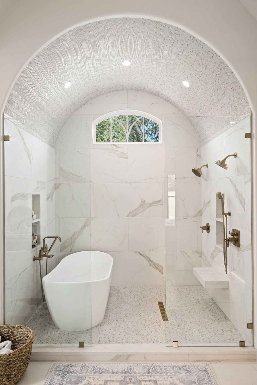 Huge Wet Room with Curved Tiled Ceiling, Window, Dual Showerheads and Soaking Tub in Acworth Home Remodel