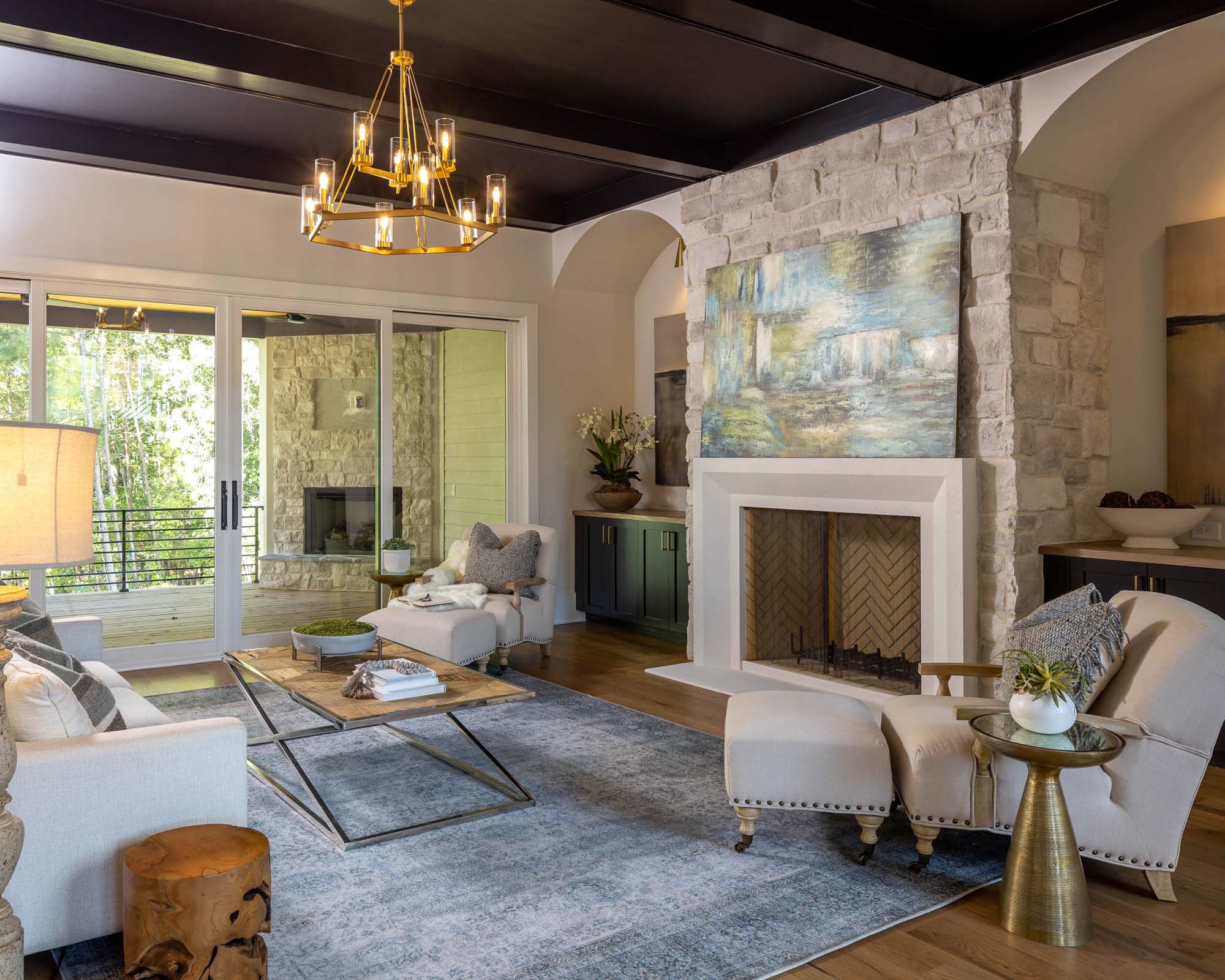 atlanta custom home modern living room with chandelier